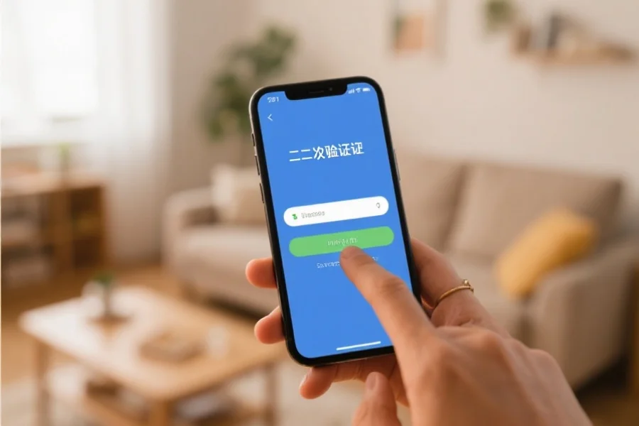 智能手机屏幕上显示二次验证界面,用户正在输入验证码,背景为舒适的家庭环境